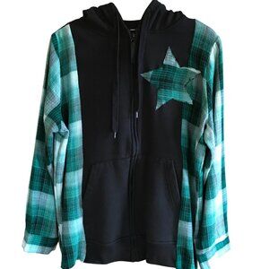 Upcycled Patchwork Jacket, M-L: Flannel Hoodie Sweatshirt, Green Plaid, Star